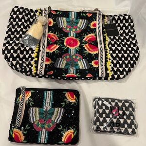America & Beyond 4 PC SET Tote, Cosmetic Bags (Medium,Small), Beaded Strap *NWT*